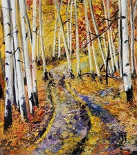 YARY DLUHOS Aspen Trees Landscape Rural Country Road Original Art Oil Painting picture