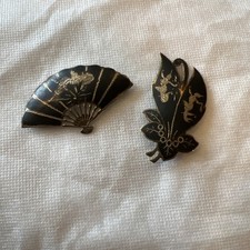 Vintage Sterling Silver Niello Siam Thai Mekhala dancing fan brooch pins pair picture
