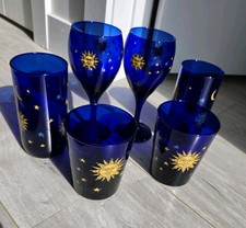 Vintage Cobalt Blue Celestial Sun & Moon Wine Goblets Tumblers Glassware Set picture