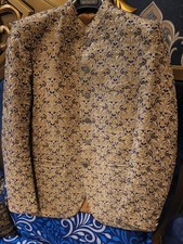 Men's Gold Embroidered Jodhpuri Bandhgala Jacket Navy Blue Indian Wedding Blazer picture