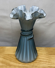 Fenton Wheat Vase Blue Periwinkle White Overlay Cased Art Glass w/ Ruffled Top picture