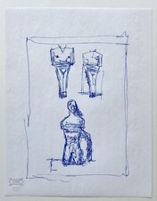 Vintage French Expressionist Blue Ink Drawing Mid Century Modern Figures Study picture