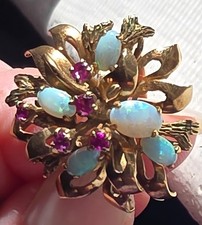 Vintage 14K Gold Opal Cluster Cocktail Ring Heavy 9g Mid Century Floral Bow 585 picture