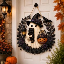 Halloween Welcome Sign Front Door Porch Decor Wooden Ghost Pumpkin Wreath picture