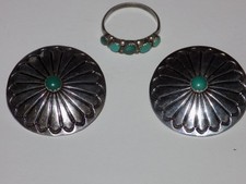 Vintage Native Green Blue Turquoise Silver Ring  Size 6.5 & Concho Stud Earrings picture