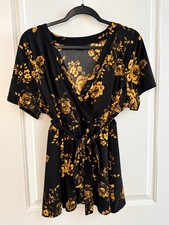 Torrid Women’s Black Yellow and Floral Babydoll Wrap Blouse Plus Size 2X picture