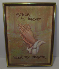 Vtg FATHER In Heaven Hear My Prayer Wood Framed 3D Embroidery Puffy Fabric Print picture