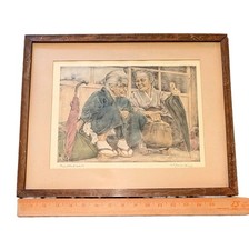 Vtg Willy Seiler Signed Hand Colored Etching Chatterboxes Orig Cherry Wood Frame picture