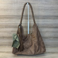 Vilenca Holland Suede Slouchy Hobo Shoulder Bag Brown Boho Whipstitch Tassel picture