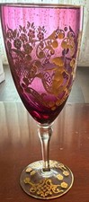 Antique Bohemian Amethyst Glass Goblet 7.75” Hand Painted Gold Gilt Bird Floral picture