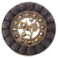 Large Antique Carved Wood Bead Border Button with Cut Steel Trim picture