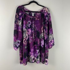 Catherines Pleated Blouse Size 2X Purple Floral 3/4 Sleeves Tie Neck picture