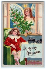 c1910's Christmas Tree Decorated Angel Boy Train Embossed Antique Postcard picture