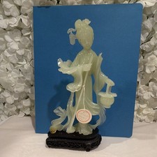 Vintage Chinese Hand Carved Jade Figurine Of A Maiden With The  Flower Basket 65 picture