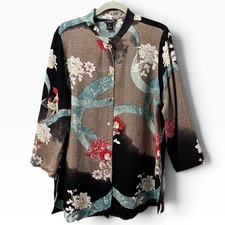 Citron Santa Monica Flowers and Swirls Boho Tunic Silk Blouse Top Size X-Large  picture
