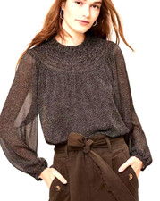 SALE Loft Top Brown Dot Slinky Ruffled Lined Sheer Chiffon ML  EUC picture