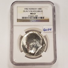 1982 Norway 100 Kronor King Olav V .735 ASW - NGC MS 67 - SKU-Q6035 picture