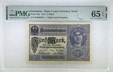 1917 Germany State Loan Currency Note 5 Mark Pick#56a PMG 65 EPQ Gem UNC picture