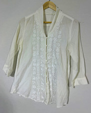 J. Jill White Embroidered Button-Front V-Neck 3/4 Sleeve Blouse S Cotton picture