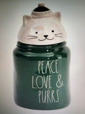 NEW Rae Dunn PEACE LOVE & PURRS Santa Cat Green White Treat Canister Jar 11