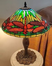 Vintage Tiffany Style Dragonfly Table Lamp Stained Glass Brass Base picture