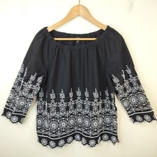 Talbots Eyelet Embroidered Blouse Medium Scallop Hem Boho Black picture
