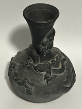 Antique Japanese Black Tokoname Pottery Vase High Relief Dragon Signed Marking picture