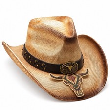 Tan Western Cowboy Hat Studded Band Longhorn Buckle Rodeo Country Style picture