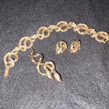 Vintage Designer Signed ART DOUBLE SNAKE DEMI PARURE BRACELET BROOCH & Earrings picture