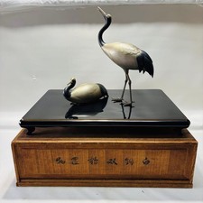 Crane Cupronickel Statue Pair 13.7 & 4.3 inch tall Japan Metalwork Figurine pair picture