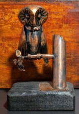 Orvelo Wood - American Sculptor 1917 - 2015 Brutalist Copper Metal Owl Wood Base picture