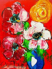 Original FLOWERS VASE POP ART FLORAL PAINTING 15X12 unique SWARTZMILLER DNA wall picture