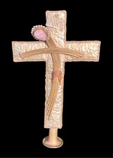 MCM Brutalist Abstract Mixed Metal w/Rose Quartz Crucifix Sculpture Unique Art picture