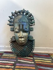 Vintage Benin Bronze Mask Sculpture Nigeria African Art Heavy Brass Statue 22