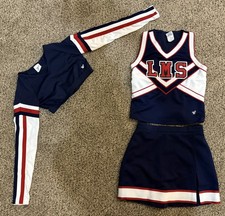 Varsity Spirit LMS 3 Piece Cheerleading Uniform Top Skirt Crop Top Navy Red EUC picture