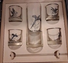 Vintage Federal Fine Blown Sportsman Birds Executive Cocktail Mixer Set Glasses picture