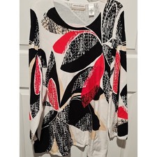 Alfred Dunner Long Sleeve Abstract Leaf Print Top in Red, Black & Cream picture