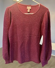 Chicos Womens Sparkle Sequin Puff Slv Pullover Sweater In Plum Caspia NWT Size 1 picture