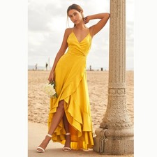 Lulus Maxi Dress Womens L In Love Forever Mustard Yellow Satin Lace Up Back New picture