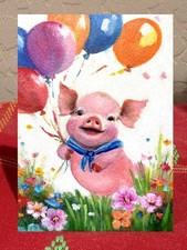 ACEO Pig W/Balloons Original Oil and Gel Ink contemporary Painting 3.5x2.5 OOAK picture