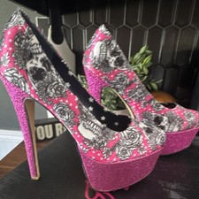 Women's Iron Fist Pink Glitter Platform Stiletto Slip-On Round Toe Skull Print  picture