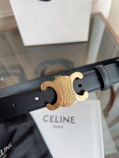 Celine Black Leather Belt with Gold Logo, Size 80 picture
