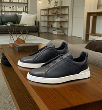 Men's Ermenegildo Zegna Navy Leather Triple Stitch Slip-On Casual Sneakers picture