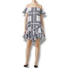 Cinq a Sept Minella Dress Size 0 Navy Paisley Off Shoulder Ruffle Mini $595 NWOT picture