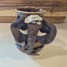 Clay 3d Elephant Mug Artisan Made Vintage Signed 
