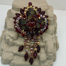 Juliana Book Piece Dangle Red Rhinestone Floral Brooch Pendant Etched Flower 3.5 picture