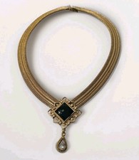 Vintage 1928 Jewelry Co Gold Tone Multi Strand Mesh Collar Necklace Black Onyx picture