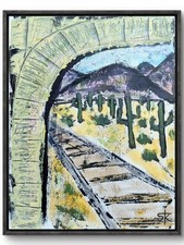 Original 14x11 Impressionist Desert Railroad Arch Acrylic Painting Signed Canvas picture