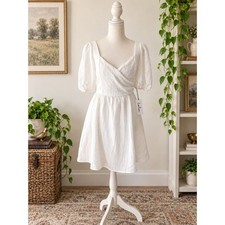 Lulus Little Bit In Love White Surplice Puff Sleeve Mini Dress S NWT picture