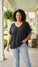 Belle by Kim Gravel® Women V-Neck Top Pima Cotton Modal Black 2X NEW picture